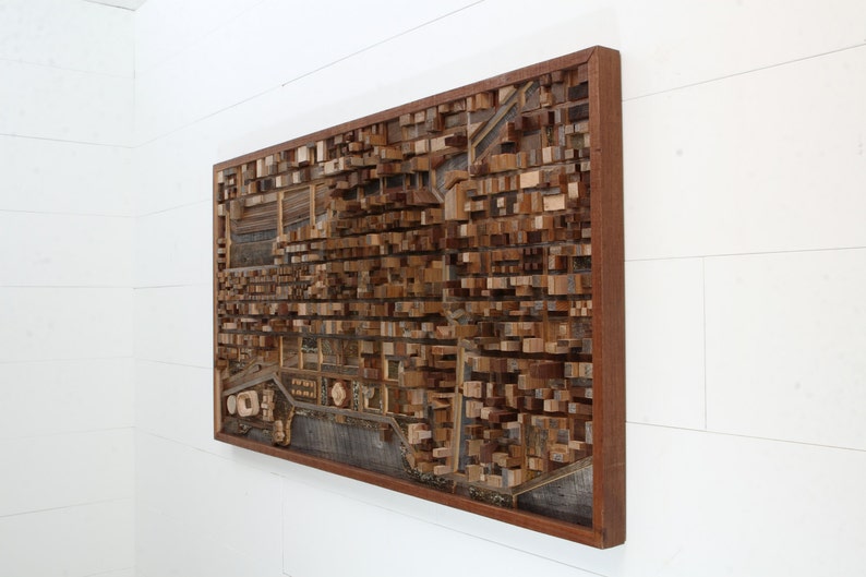 Chicago wood cityscape artwork made entirely out of old reclaimed wood, large wood wall art image 6