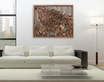 Vancouver cityscape, reclaimed wood wall art, 44.5" x 36.5" x 4" Large wall art, Large art, wood wall sculpture