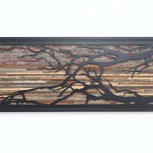 Sunset Tree Branch Metal Sculpture: Reclaimed Wood Wall Art