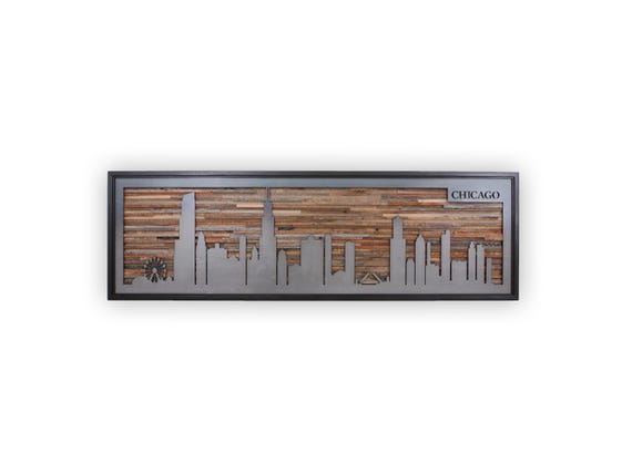 Reclaimed Barnwood City Skyline: Black Steel Wall Art