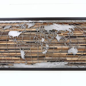 Wood wall art, World map artwork made of old barnwood and natural steel, Different Sizes Available.