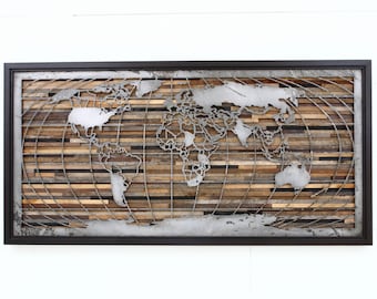 Wood wall art, World map artwork made of old barnwood and natural steel, Different Sizes Available.