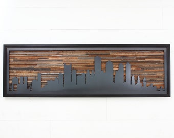 City skyline made from reclaimed barnwood and natural black steel.  Large art, wood wall sculpture, Wood wall art