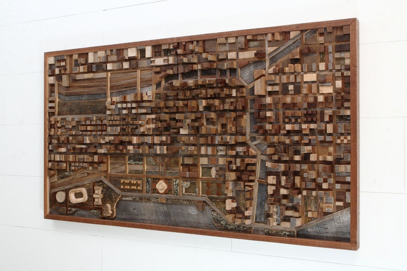 Chicago wood cityscape artwork made entirely out of old reclaimed wood, large wood wall art image 2