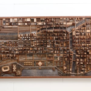 Chicago wood cityscape artwork made entirely out of old reclaimed wood, large wood wall art