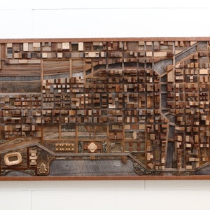 Chicago wood cityscape artwork made entirely out of old reclaimed wood, large wood wall art image 1