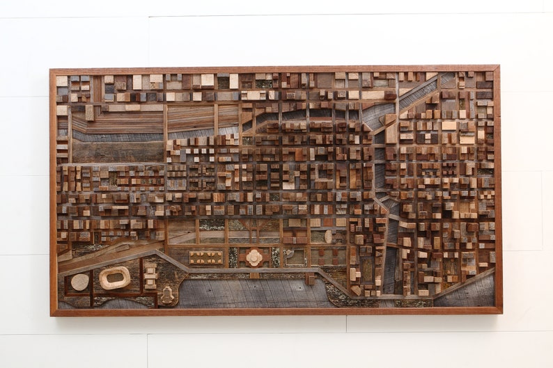 Chicago wood cityscape artwork made entirely out of old reclaimed wood, large wood wall art image 1