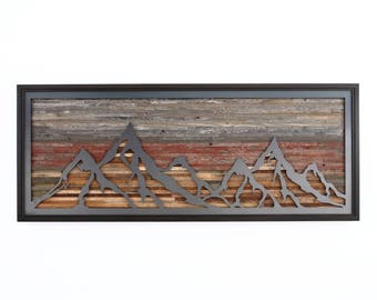 Wood & metal mountainscape, metal mountain range, mountain landscape ,Large wall art, wall art, wood wall art