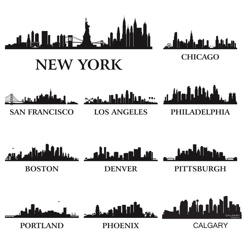 Peut inclure: Silhouettes noires et blanches de l'horizon de grandes villes des &Eacute;tats-Unis, notamment New York, Chicago, San Francisco, Los Angeles, Philadelphie, Boston, Denver, Pittsburgh, Portland, Phoenix et Calgary.