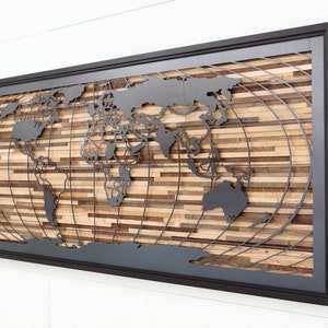 Metal & Wood World map artwork, Large wall art, wood wall sculpture, metal world map image 2