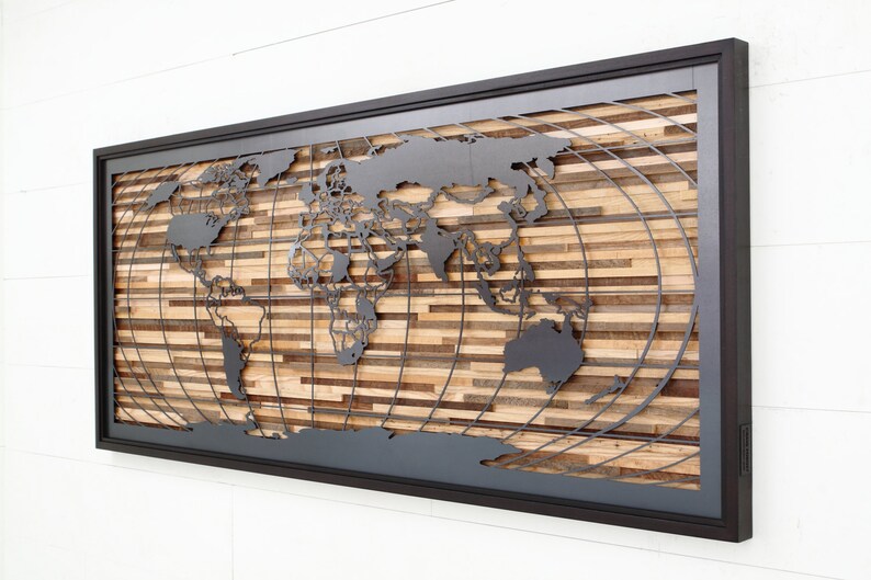 Metal & Wood World map artwork, Large wall art, wood wall sculpture, metal world map image 2