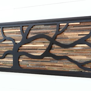 Wind Swept Metal Tree Sculpture: Reclaimed Barnwood Wall Art