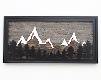 Pine Tree Forest Mountains, wood wall art, metal mountain range, large wall art, metal wood wall art.