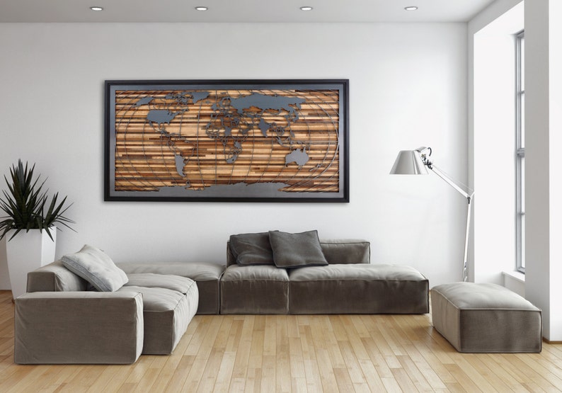 Metal & Wood World map artwork, Large wall art, wood wall sculpture, metal world map image 5