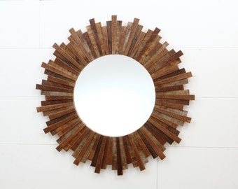 Sunburst mirror 31" x 1" made of old reclaimed Elm hardwood.  Barnwood mirror, circle mirror, wall mirror