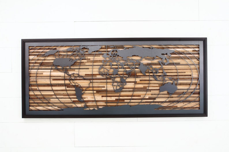 Metal & Wood World map artwork, Large wall art, wood wall sculpture, metal world map image 1