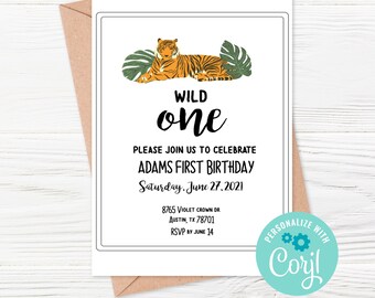 May include: A white invitation card with a tiger illustration and green leaves. The text reads "WILD one" and "PLEASE JOIN US TO CELEBRATE ADAMS FIRST BIRTHDAY Saturday, June 27, 2021 8765 VIOLET CROWN DR AUSTIN, TX 78701 RSVP BY JUNE 14".