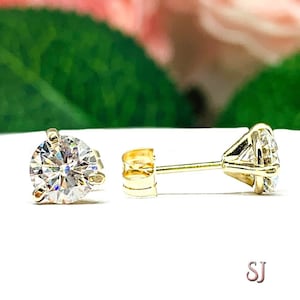 Moissanite Stud Earrings – 14k Yellow Gold, Round Martini, 5mm-7mm