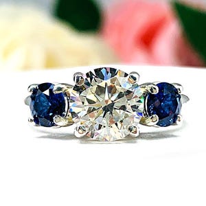 Round CZ & Lab Blue Sapphire 3-Stone Engagement Ring – 8mm, Sterling Silver, Tulip Design
