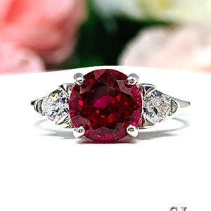 Round-Cut Lab Ruby & Trillion-Cut CZ 3-Stone Ring • 8mm, Sterling Silver, Size 7