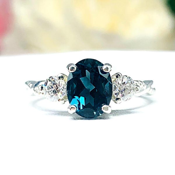 Oval-Cut London Blue Topaz & Moissanite 3-Stone Ring • 8x6mm—10x8mm, Sterling Silver