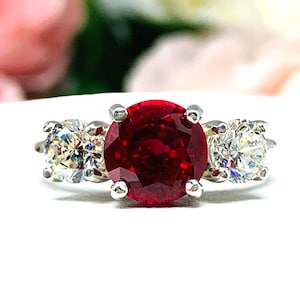 Round-Cut Lab Ruby & CZ 3-Stone Ring • 6mm—9mm, Sterling Silver