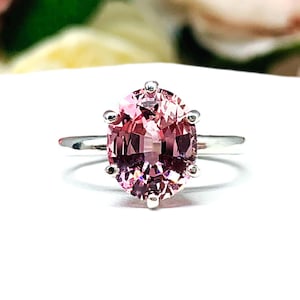 Lab Padparadscha Sapphire Oval Ring – 10x8mm, Sterling Silver, 6-Prong