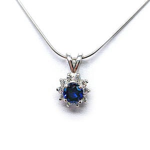 Round Lab Blue Sapphire CZ Halo Pendant – 6mm, Sterling Silver