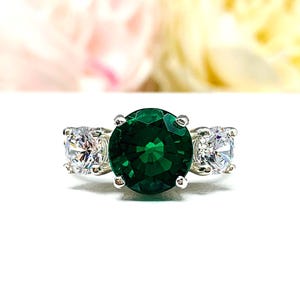 Round Lab Emerald 3-Stone Ring – CZ Side Stones, 6mm-9mm, Sterling Silver
