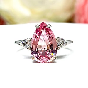 Lab Padparadscha Pink Sapphire Pear Ring – CZ Accents, 10x7mm, 12x8mm, Sterling Silver