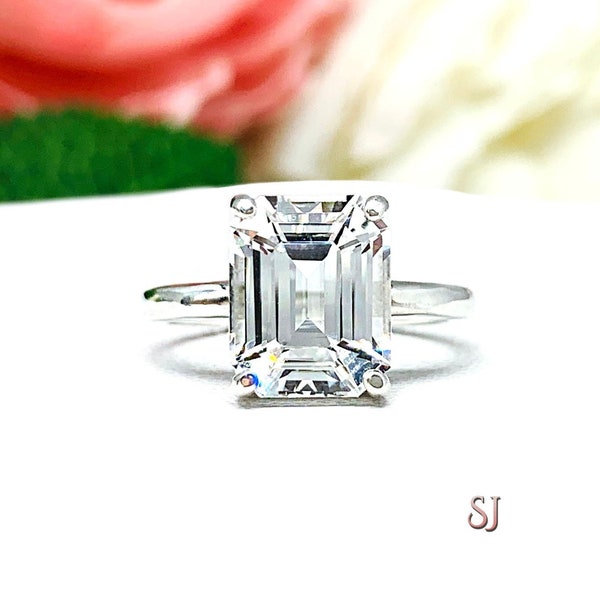 Lab White Sapphire 10x8mm Emerald Cut Ring