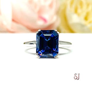 Lab Blue Sapphire Emerald Cut Double Prong Ring