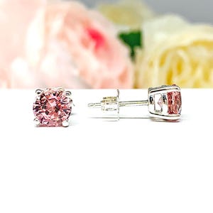 Lab Padparadscha Sapphire Stud Earrings - Round 6.5mm stones - Sterling silver settings