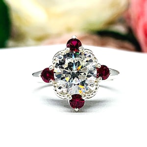 Art Deco Round-Cut CZ & Lab Ruby Engagement Ring • 8mm, Sterling Silver, Size 6