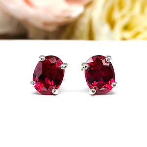 Oval-Cut Lab Ruby Stud Earrings • 8x6mm, 9x7mm, Sterling Silver