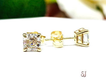 Asscher Moissanite Gold Stud Earrings FREE 2 DAY UPS