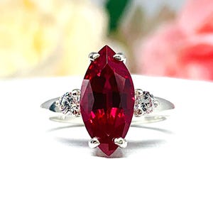 Marquise-Cut Lab Ruby & CZ 3-Stone Ring • 10x5mm—14x7mm, Sterling Silver