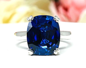 Cushion-Cut Lab Blue Sapphire Ring • 12x10mm, Sterling Silver, Wide Band