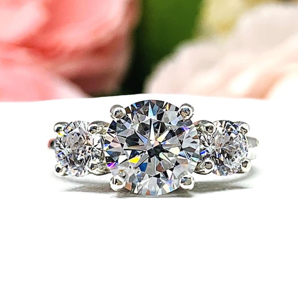Round-Cut CZ 3-Stone Engagement Ring • 8mm or 9mm Center, Sterling Silver
