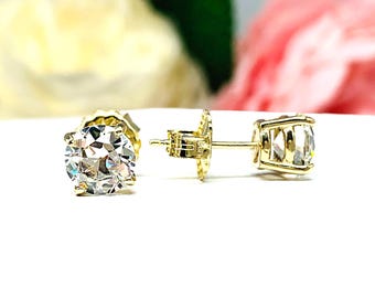 Old European Cut CZ Stud Earrings • 6.5mm, 7.5mm, Near Colorless, Sterling Silver, 10k Gold
