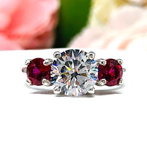 Round CZ & Lab Ruby 3-Stone Engagement Ring – 6mm-9mm, Sterling Silver