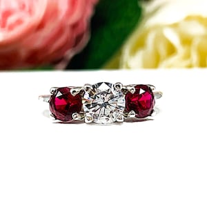 Round-Cut CZ & Lab Ruby 3-Stone Engagement Ring • 6mm, Sterling Silver, Size 5.5
