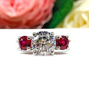 Round-Cut CZ & Lab Ruby 3-Stone Engagement Ring • 6mm—9mm, Sterling Silver