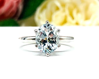 Oval-Cut Genuine Aquamarine Ring Size 8 • 10x8mm, Sterling Silver