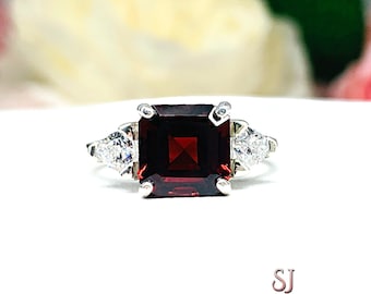 Natural Mozambique Garnet Asscher with Trillion CZ Accents Ring Size 6