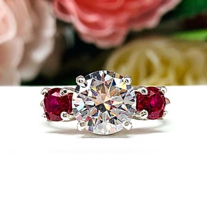 Round-Cut CZ & Lab Ruby 3-Stone Engagement Ring • 6mm—9mm, Sterling Silver