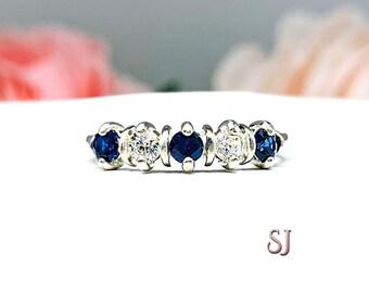 Lab Blue Sapphire Cubic Zirconia 3mm Round Five Stone Ring