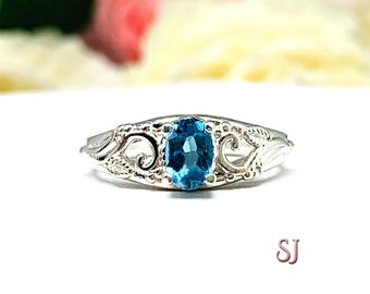 Genuine London Blue Topaz 6x4mm Oval Ornamental Leaf Ring