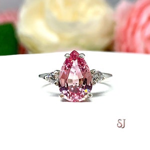 Lab Padparadscha Pink Sapphire Pear Ring Round CZ Accents