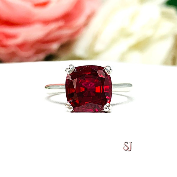 Lab Ruby Cushion Solitaire Ring